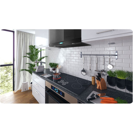 Køkkenemhætte 90 cm med sort rustfrit stål og LED-belysning - Effektiv udsugning og absorbering til moderne køkkener