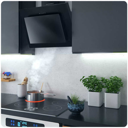 Køkkenemhætte med skorsten - 60 cm, sort design med hærdet glas og LED-belysning