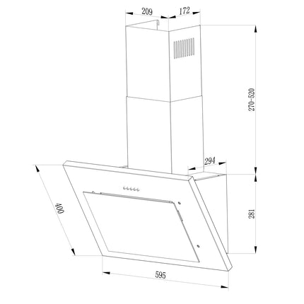 Køkkenemhætte med skorsten - 60 cm, sort design med hærdet glas og LED-belysning