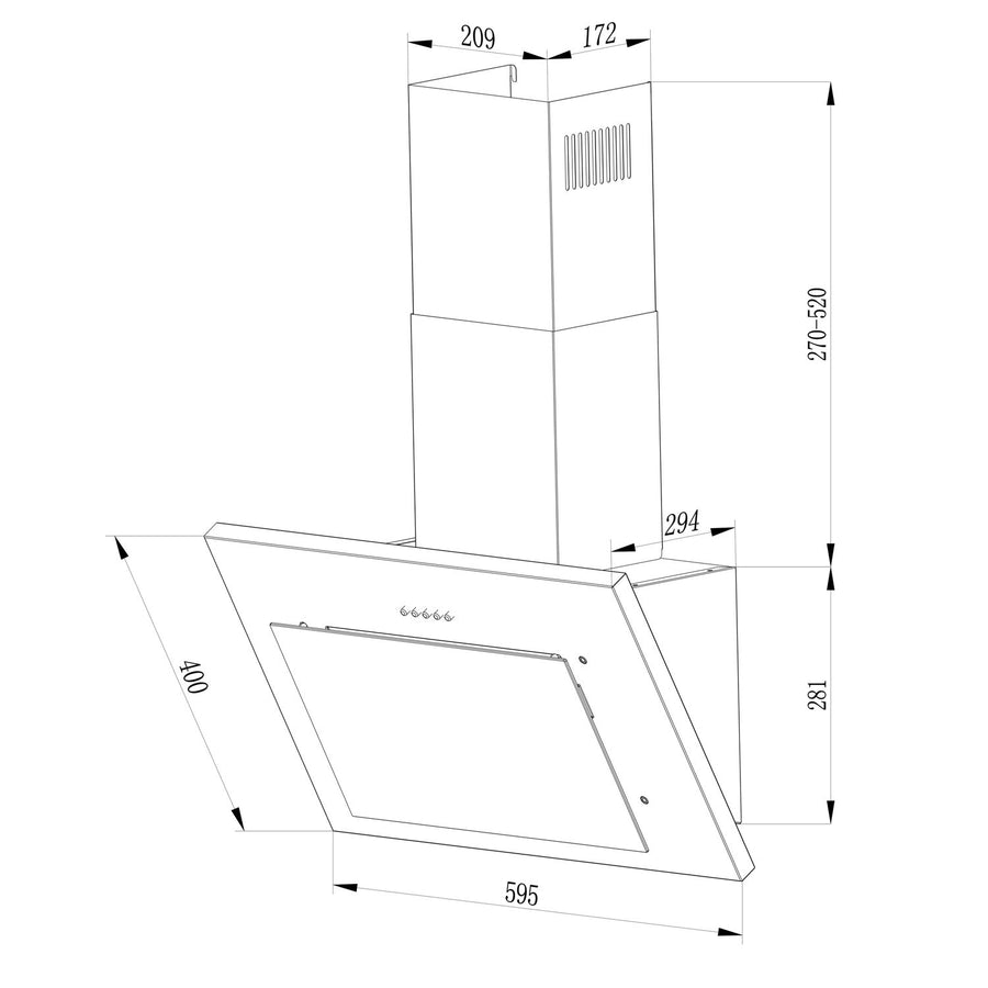 Køkkenemhætte med skorsten - 60 cm, sort design med hærdet glas og LED-belysning