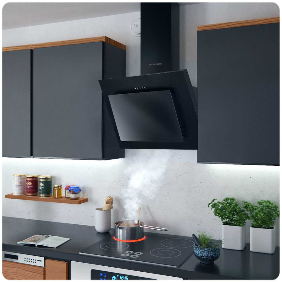 Køkkenemhætte med skorsten - 60 cm, sort design med hærdet glas og LED-belysning
