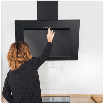 Køkkenemhætte med skorsten - 60 cm, sort design med hærdet glas og LED-belysning
