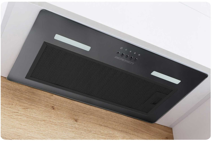 Køkkenemhætte 52 cm - Indbygget, Sort Stål med LED-belysning og Minimalistisk Design