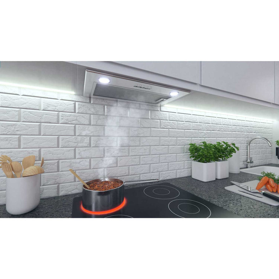Køkkenemhætte 60 cm i rustfrit stål til indbygning med LED-belysning og effektiv fedtfjerner