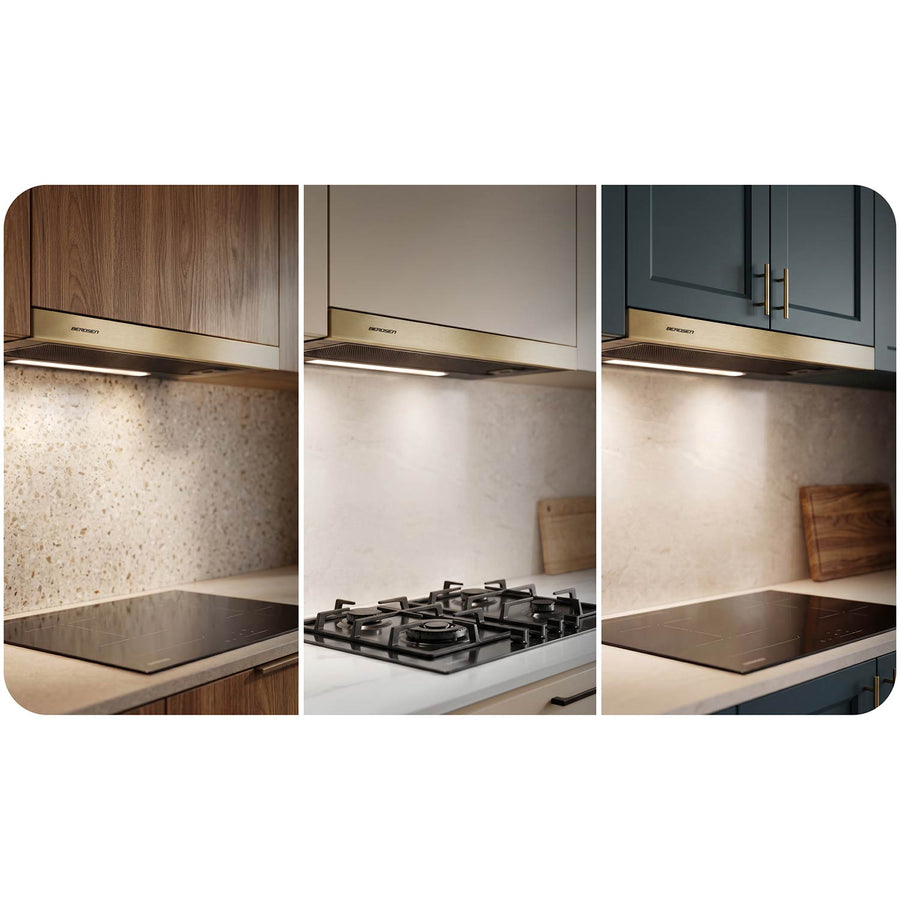 Underskabsemhætte med udtræk 60 cm, 200 m³/t, LED og 2 aluminiumsfiltre – sort og guld