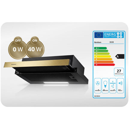 Underskabsemhætte med udtræk 60 cm, 200 m³/t, LED og 2 aluminiumsfiltre – sort og guld
