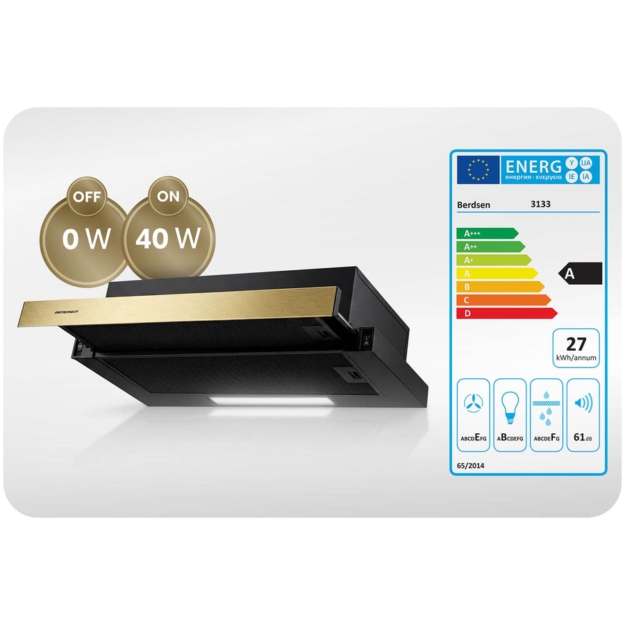 Underskabsemhætte med udtræk 60 cm, 200 m³/t, LED og 2 aluminiumsfiltre – sort og guld