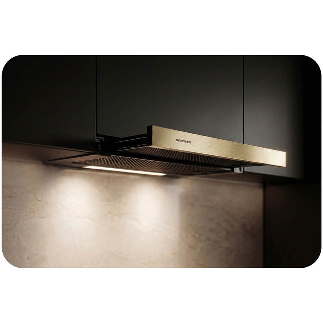 Underskabsemhætte med udtræk 60 cm, 200 m³/t, LED og 2 aluminiumsfiltre – sort og guld