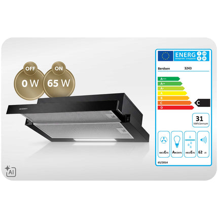 Teleskopemhætte 50 cm til indbygning med 200 m³/t, 2 hastigheder og LED-lys – sort