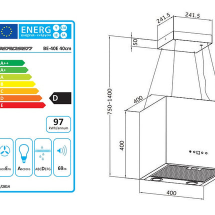 Emhætte til køkkenø 40 cm med LED-belysning og 2 kulfiltre