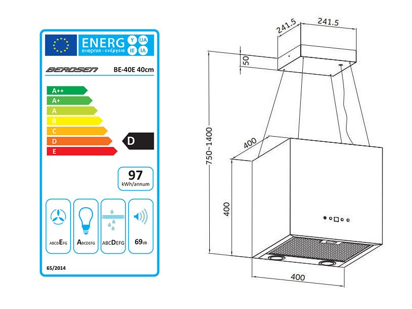 Emhætte til køkkenø 40 cm med LED-belysning og 2 kulfiltre