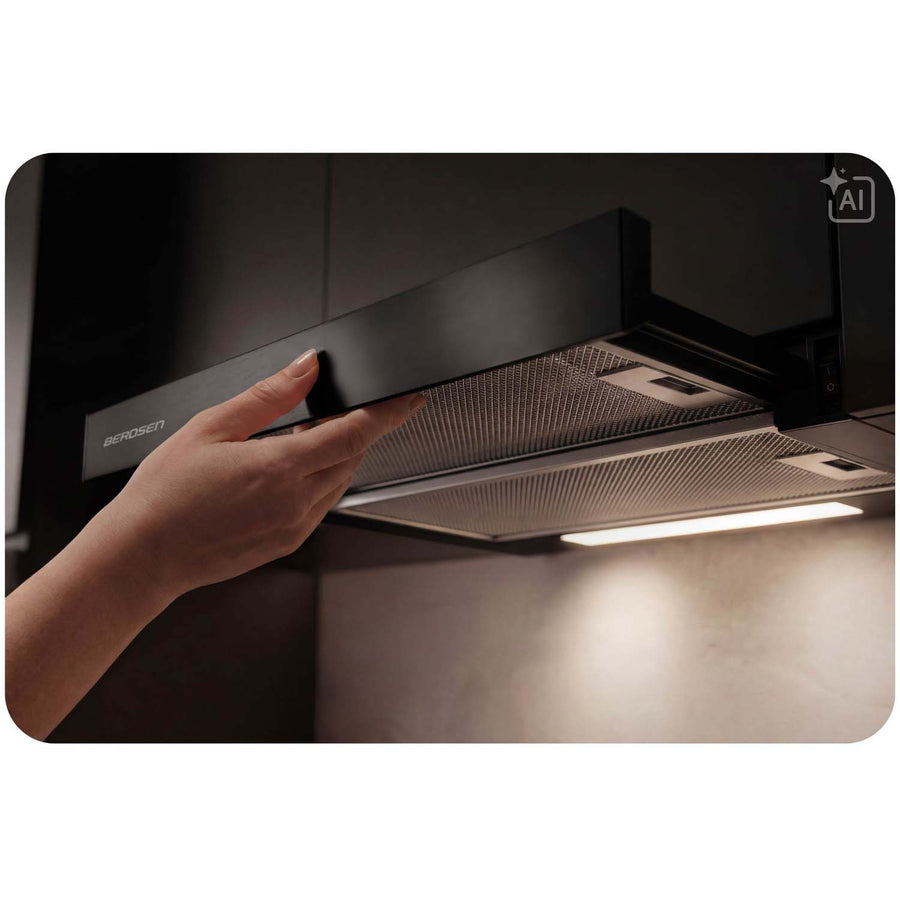 Underskabsemhætte med udtræk 60 cm, 320 m³/t, LED og 2 aluminiumsfiltre – sort