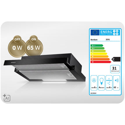Underskabsemhætte med udtræk 60 cm, 320 m³/t, LED og 2 aluminiumsfiltre – sort