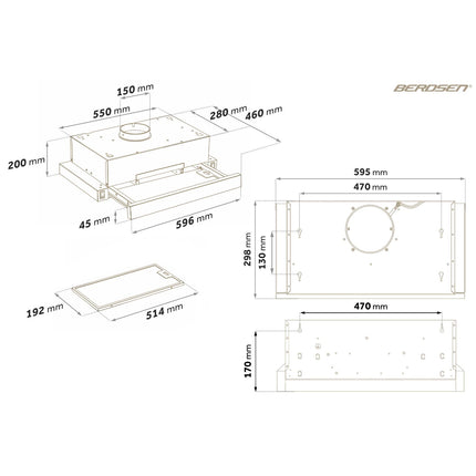 Underskabsemhætte med udtræk 60 cm, 320 m³/t, LED og 2 aluminiumsfiltre – sort