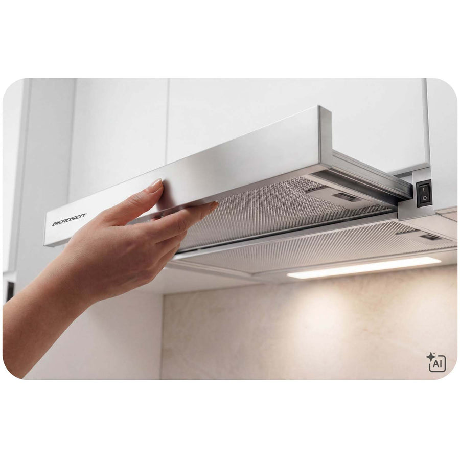 Teleskopemhætte 50 cm til underskab med 320 m³/t, 2 hastigheder og LED-lys – rustfrit stål