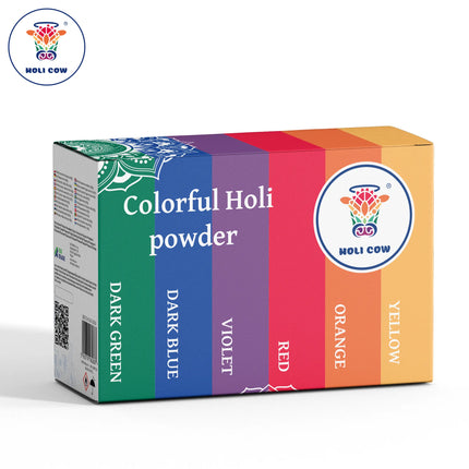 Farvet Holi-pulver, sæt med 6 x 100 g, Holi Cow
