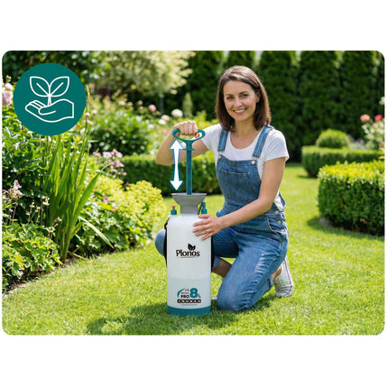 Trykspuder 8 l med tragt, messingdyse og justerbar lanse op til 83 cm – hvid/turkis