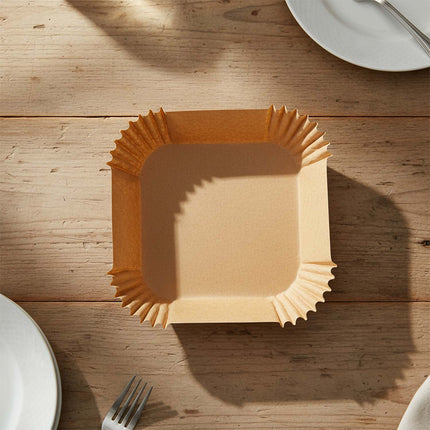 Bagepapirsindlæg til airfryer, firkantede 20 x 20 cm, med opbevaringsæske – 100 stk.