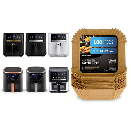 Bagepapirsindlæg til airfryer, firkantede 20 x 20 cm, med opbevaringsæske – 100 stk.