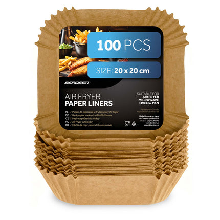 Bagepapirsindlæg til airfryer, firkantede 20 x 20 cm, med opbevaringsæske – 100 stk.