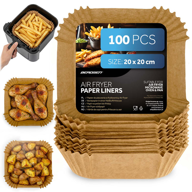 Bagepapirsindlæg til airfryer, firkantede 20 x 20 cm, med opbevaringsæske – 100 stk.