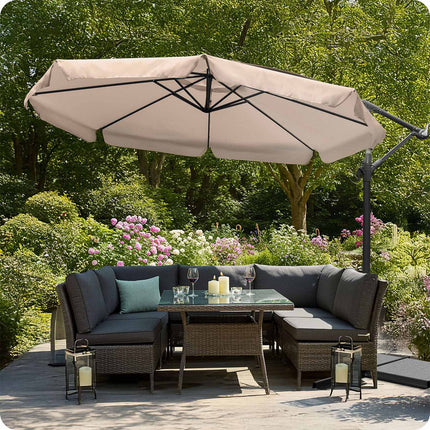 Stor haveparasol 350 cm med justerbar hældning og praktisk opbevaring - perfekt til terrasse, altan og have