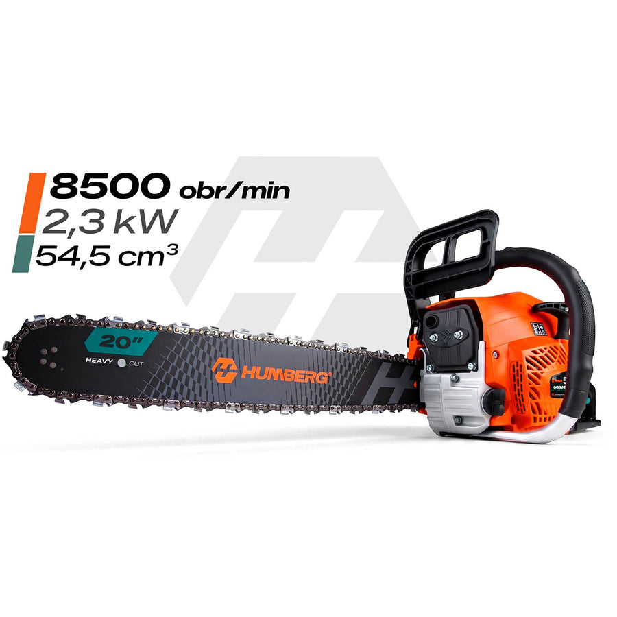 Benzin-motorsav 58 cc, 2,3 kW med 2 sværd (16" og 20"), 2 kæder og 2T-olie