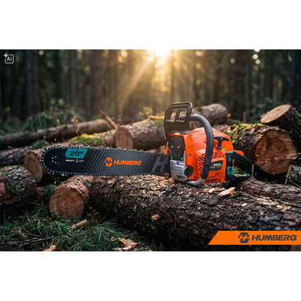 Benzin-motorsav 58 cc, 2,3 kW med 2 sværd (16" og 20"), 2 kæder og 2T-olie