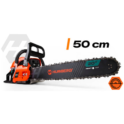 Benzin-motorsav 58 cc, 2,3 kW med 2 sværd (16" og 20"), 2 kæder og 2T-olie