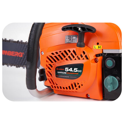 Benzin-motorsav 58 cc, 2,3 kW med 2 sværd (16" og 20"), 2 kæder og 2T-olie