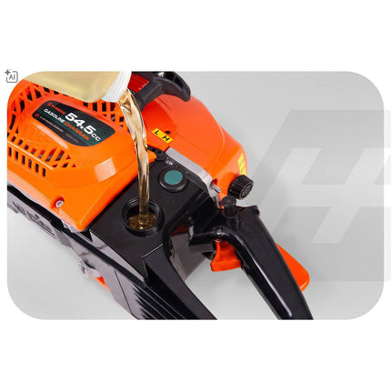 Benzin-motorsav 58 cc, 2,3 kW med 2 sværd (16" og 20"), 2 kæder og 2T-olie