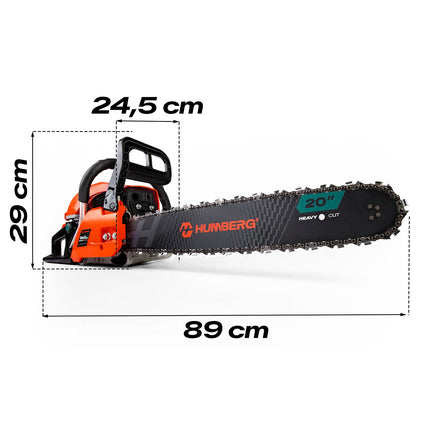 Benzin-motorsav 58 cc, 2,3 kW med 2 sværd (16" og 20"), 2 kæder og 2T-olie