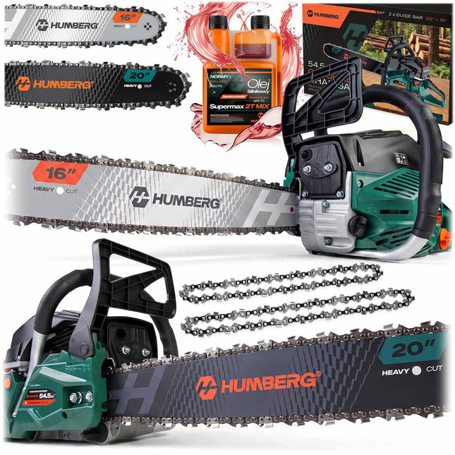 Benzin-motorsav 54,5 cc, 2,3 kW med 2 sværd (16" og 20"), 2 kæder og 2T-olie