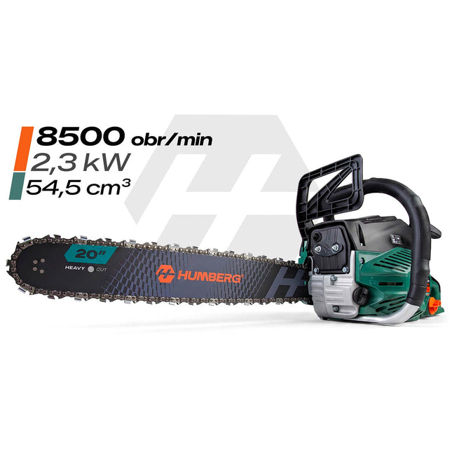 Benzin-motorsav 54,5 cc, 2,3 kW med 2 sværd (16" og 20"), 2 kæder og 2T-olie
