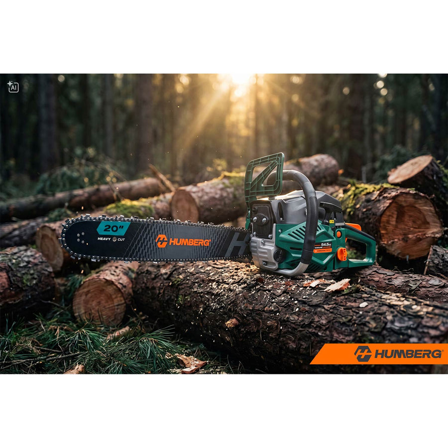 Benzin-motorsav 54,5 cc, 2,3 kW med 2 sværd (16" og 20"), 2 kæder og 2T-olie