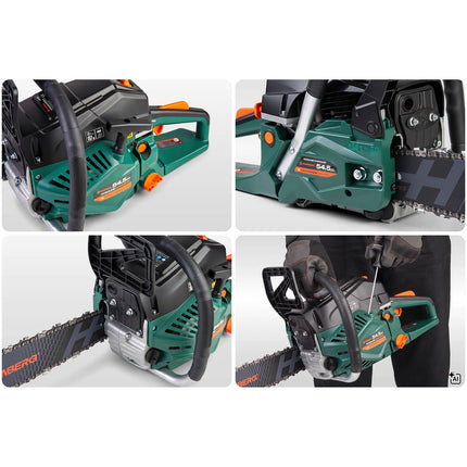Benzin-motorsav 54,5 cc, 2,3 kW med 2 sværd (16" og 20"), 2 kæder og 2T-olie