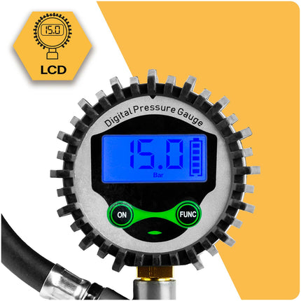 Dækpumpepistol med digitalt manometer og LCD-display – 0–15 bar, 34 cm slange