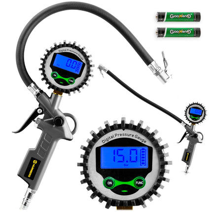 Dækpumpepistol med digitalt manometer og LCD-display – 0–15 bar, 34 cm slange