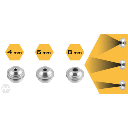 Pneumatisk sprøjtepistol til puds og maling med 6 l beholder og 3 dyser på 4, 6 og 8 mm