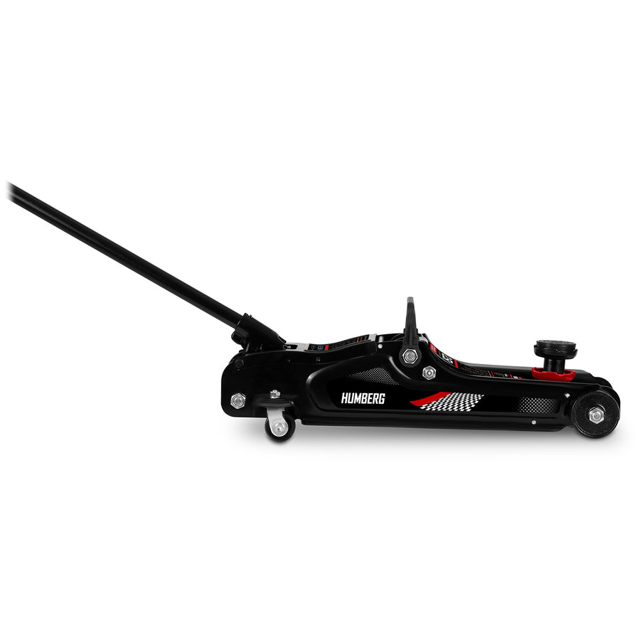 Hydraulisk garagedonkraft 2,5 t – lav profil, løftehøjde 80–360 mm, 2 gummiunderlag og ekstra løftehoved