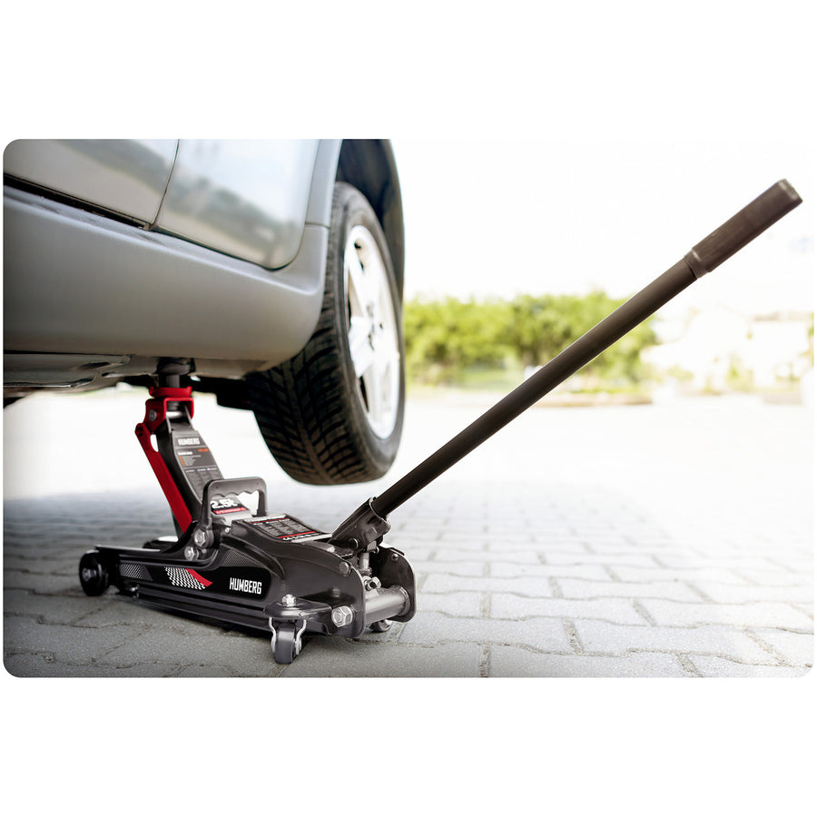 Hydraulisk garagedonkraft 2,5 t – lav profil, løftehøjde 80–360 mm, 2 gummiunderlag og ekstra løftehoved
