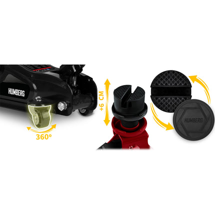 Hydraulisk garagedonkraft 2,5 t – lav profil, løftehøjde 80–360 mm, 2 gummiunderlag og ekstra løftehoved