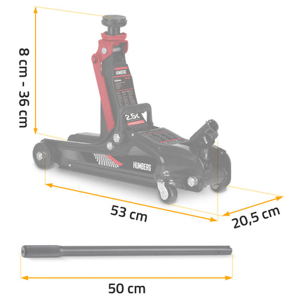 Hydraulisk garagedonkraft 2,5 t – lav profil, løftehøjde 80–360 mm, 2 gummiunderlag og ekstra løftehoved