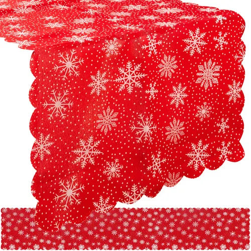 Juleløber i Rød med Hvide Snefnug – 220 x 35 cm til Festlig Borddækning