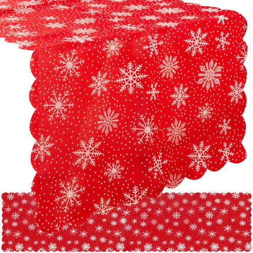 Juledug i Rød med Hvide Snefnug – 150 x 35 cm