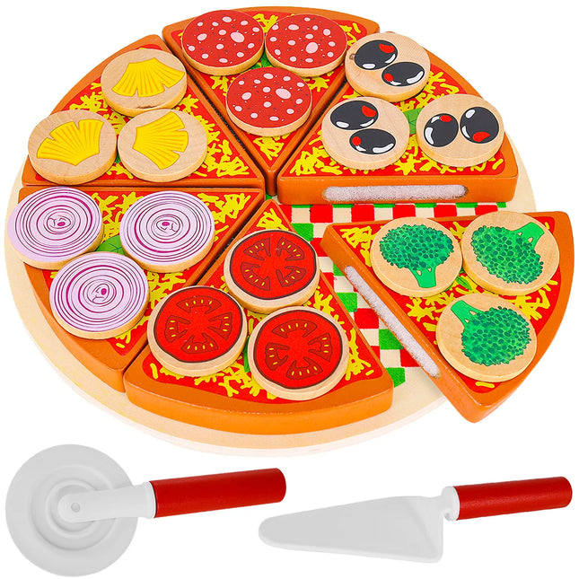 Træ Pizza Sæt med Velcro Skærer og Kniv – Sjovt Legetøj til Børn