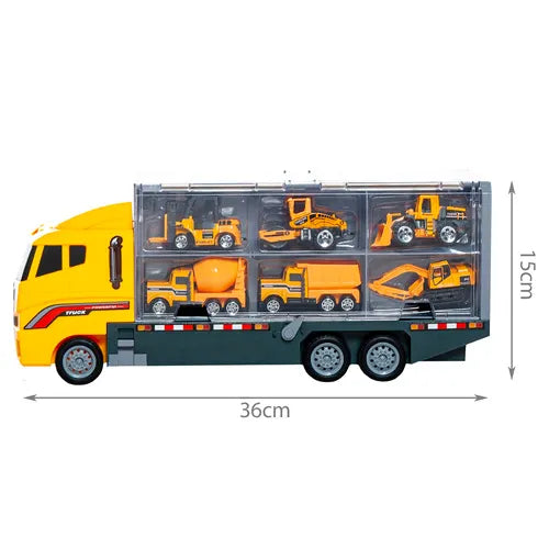 Legetøjslastbil med 6 biler og byggemaskiner