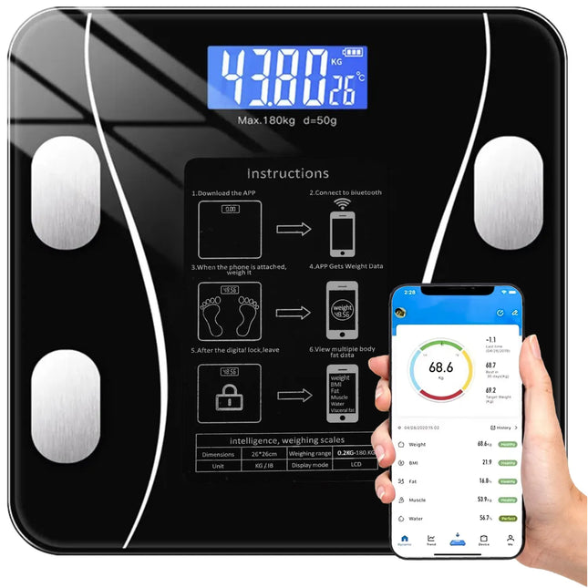 LCD badevægt med Bluetooth og 8 målefunktioner