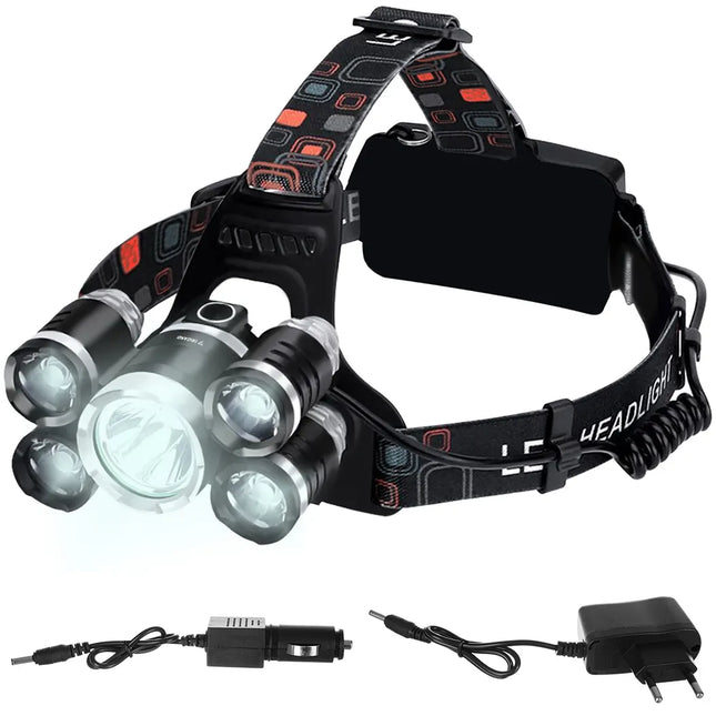 LED Hovedlampe med 5 x Cree T6 – Perfekt til Cykling og Udendørs Aktiviteter
