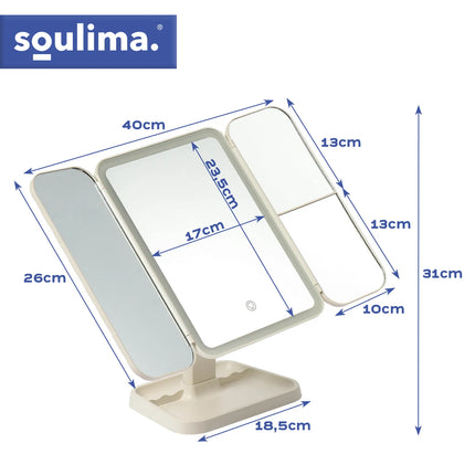 Makeupspejl med LED-lys 3-delt, 3000-7000 K